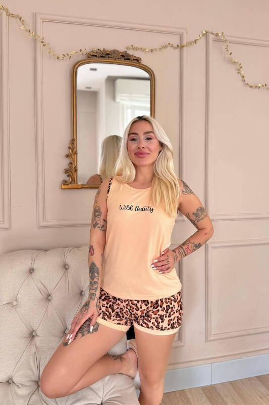 Karamel Wild Beauty Desenli Sıfır Kol Şortlu Örme Kadın Pijama Takımı - Pijamaevi (3)