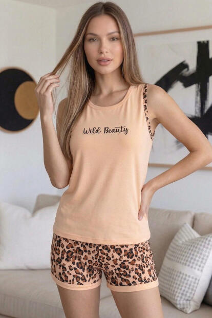 Karamel Wild Beauty Desenli Sıfır Kol Şortlu Örme Kadın Pijama Takımı - 2