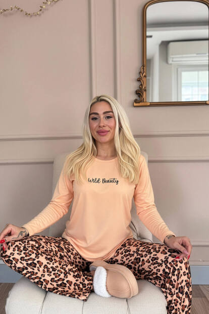 Karamel Wild Beauty Desenli Uzun Kollu Bambu Örme Kadın Pijama Takımı - 2