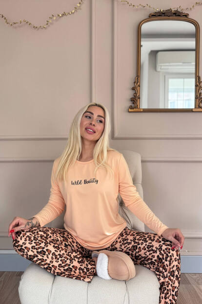 Karamel Wild Beauty Desenli Uzun Kollu Bambu Örme Kadın Pijama Takımı - 4