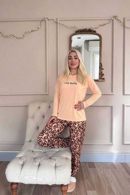 Karamel Wild Beauty Desenli Uzun Kollu Bambu Örme Kadın Pijama Takımı - 7