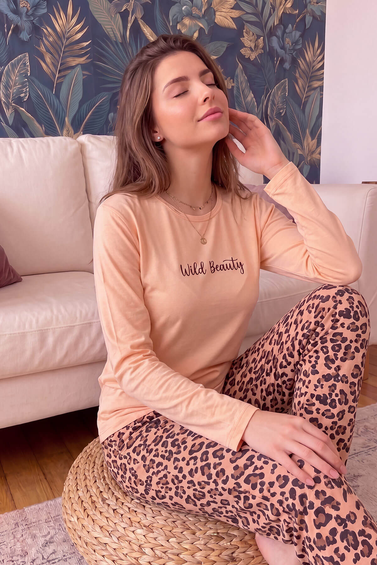 Karamel Wild Beauty Desenli Uzun Kollu Bambu Örme Kadın Pijama Takımı - Pijamaevi (1)