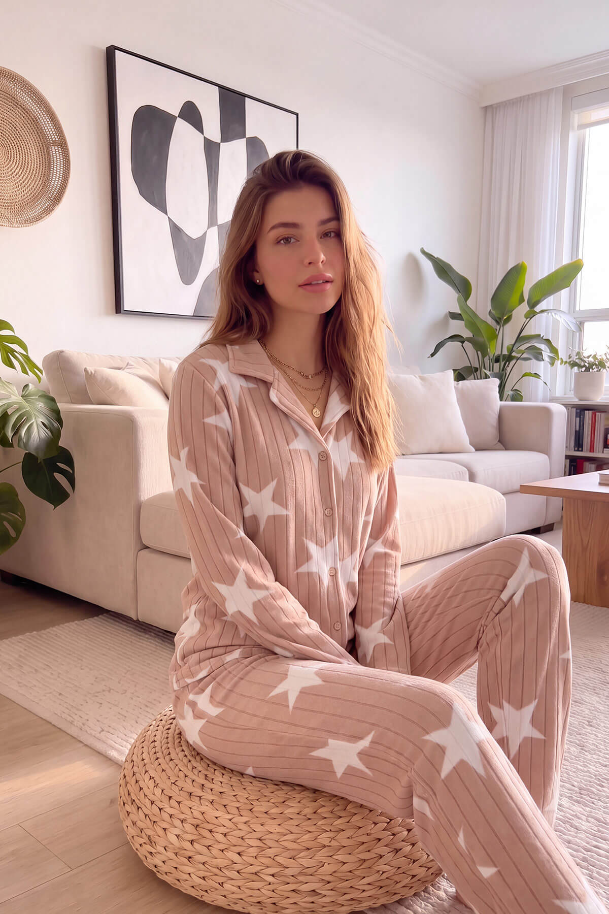 Karamel Yıldız Desenli Önden Düğmeli Peluş Polar Pijama Takımı - Pijamaevi (1)