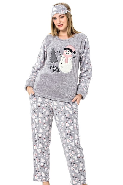 Kardan Adam Desenli Kadın Peluş Pijama Takımı - 1
