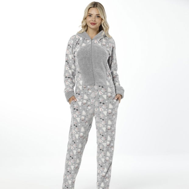 Kardan Adam Desenli Kadın Polar Peluş Tulum Pijama Takımı - 2