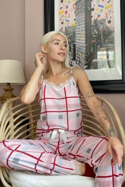 Kareli Dantelli İp Askılı Örme Kadın Pijama Takımı - 1