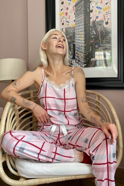 Kareli Dantelli İp Askılı Örme Kadın Pijama Takımı - 2