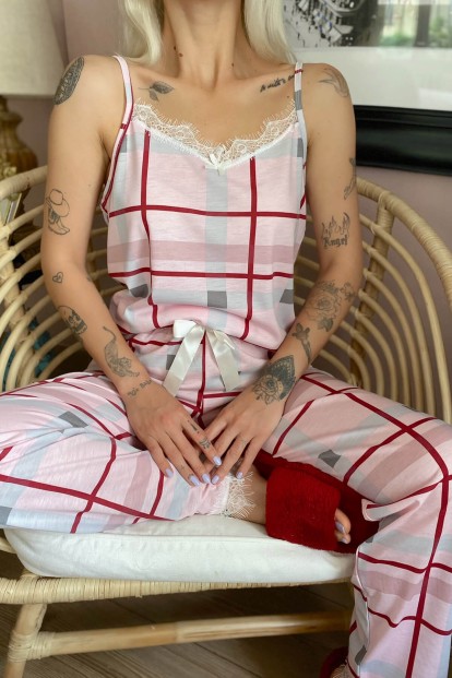 Kareli Dantelli İp Askılı Örme Kadın Pijama Takımı - 3