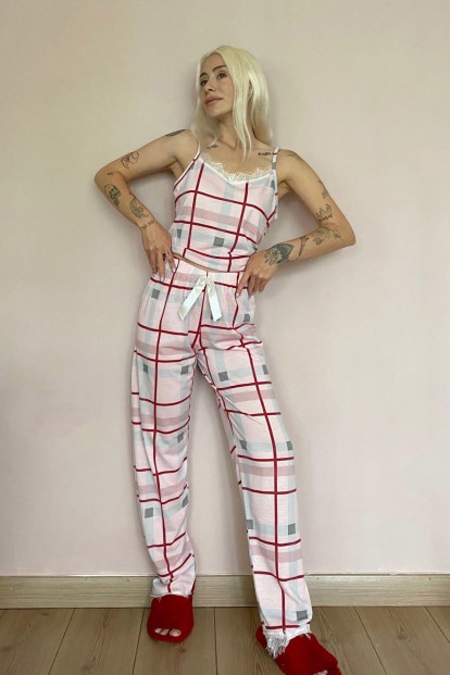 Kareli Dantelli İp Askılı Örme Kadın Pijama Takımı - 4