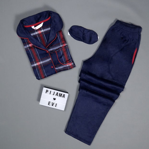 Kareli Kadın Önden Düğmeli Yumoş Peluş Pijama Takımı - 2