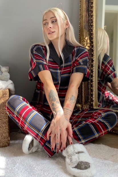 Kareli Örme Önden Düğmeli Kısa Kol Kadın Pijama Takımı - 1