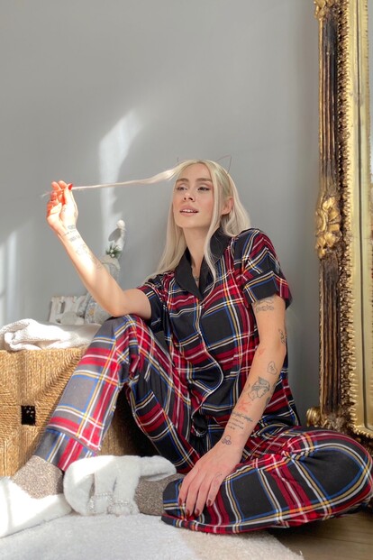 Kareli Örme Önden Düğmeli Kısa Kol Kadın Pijama Takımı - 2
