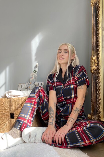 Kareli Örme Önden Düğmeli Kısa Kol Kadın Pijama Takımı - 3