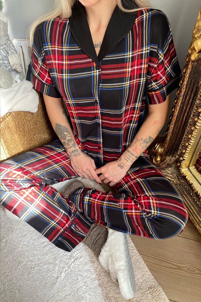 Kareli Örme Önden Düğmeli Kısa Kol Kadın Pijama Takımı - 4