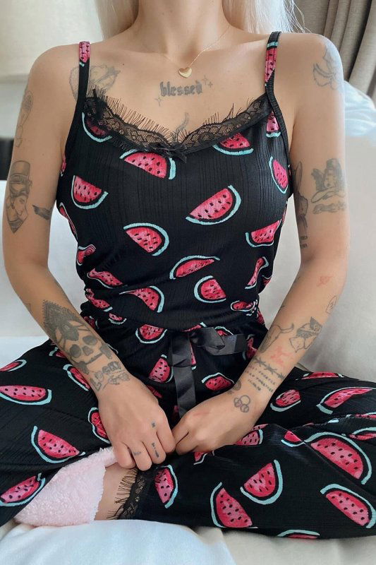 Karpuz Baskılı Dantelli İp Askılı Örme Kadın Pijama Takımı - Pijamaevi (2)