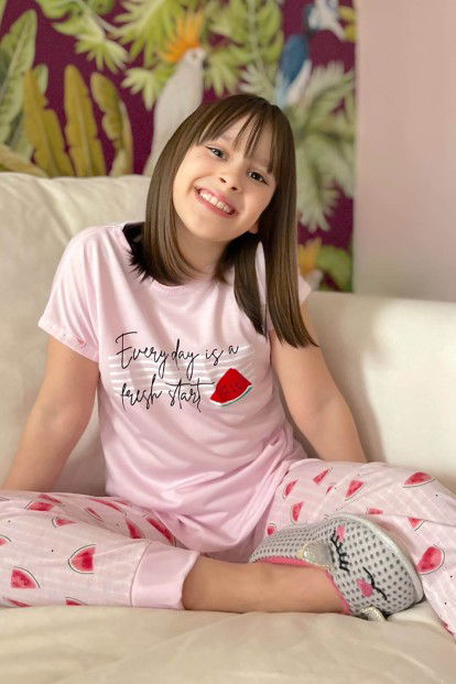 Karpuz Baskılı Kısa Kollu Kız Çocuk Pijama Takımı - 1