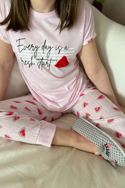 Karpuz Baskılı Kısa Kollu Kız Çocuk Pijama Takımı - 3