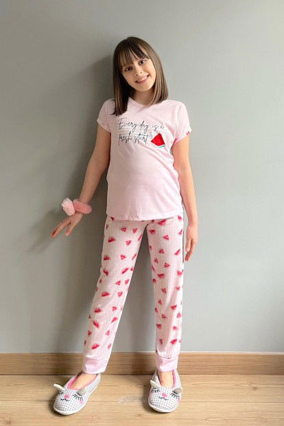 Karpuz Baskılı Kısa Kollu Kız Çocuk Pijama Takımı - 4