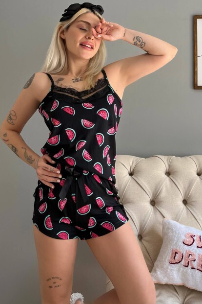 Karpuz Pegasus Dantel Detaylı İp Askı Şortlu Örme Pijama Takımı - 4