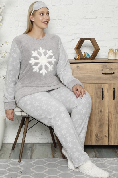 Kartanesi Desenli Büyük Beden Battal Kadın Peluş Pijama Takımı - 2