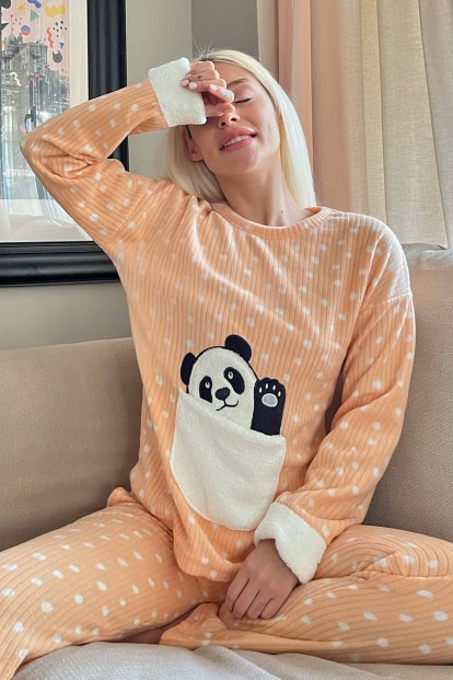 Kavuniçi Puan Big Panda Desenli Peluş Polar Pijama Takımı - 1