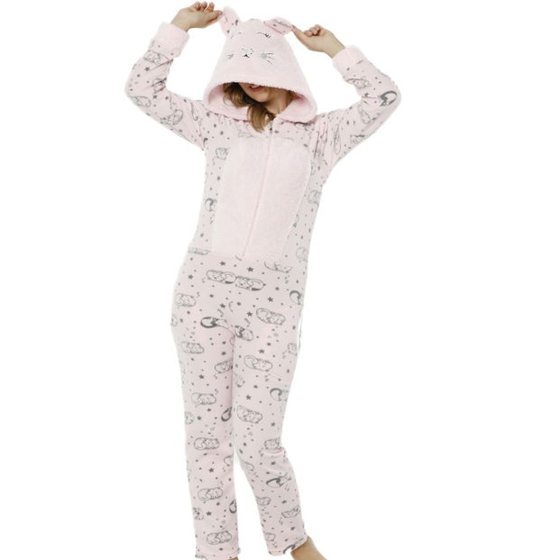 Kedi Desenli Kadın Polar Peluş Tulum Pijama Takımı - 1