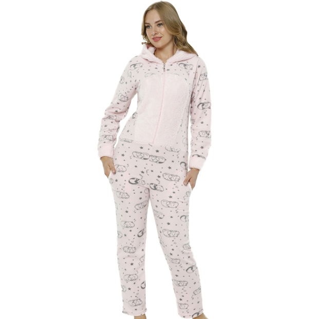 Kedi Desenli Kadın Polar Peluş Tulum Pijama Takımı - 2