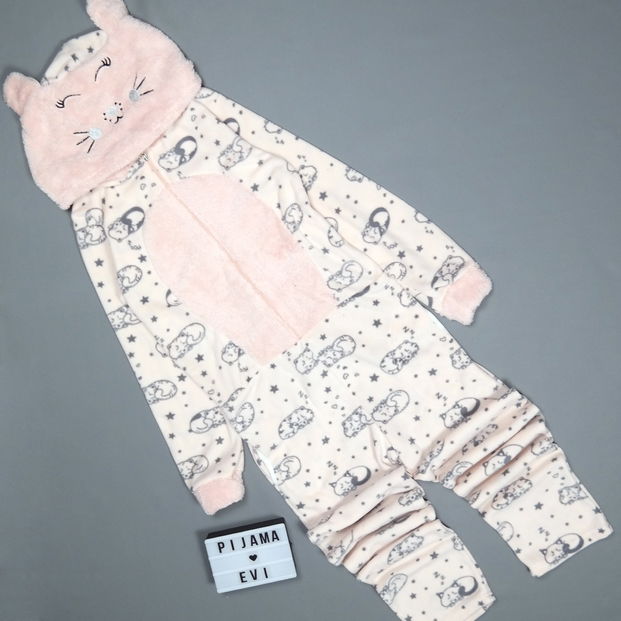 Kedi Desenli Kadın Polar Peluş Tulum Pijama Takımı - 3