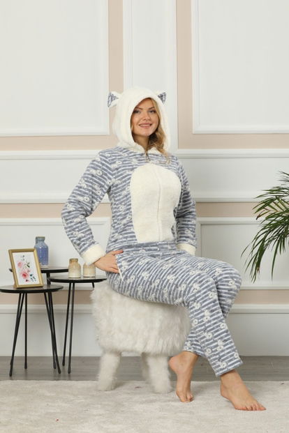 Kedi Desenli Kadın Polar Peluş Tulum Pijama Takımı - 1