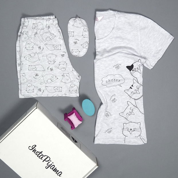 Kedi Desenli Şortlu Bayan Pijama Takımı - 2