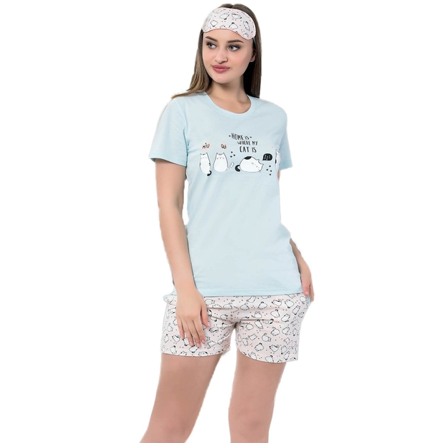 Kedi Desenli Şortlu Bayan Pijama Takımı - 1