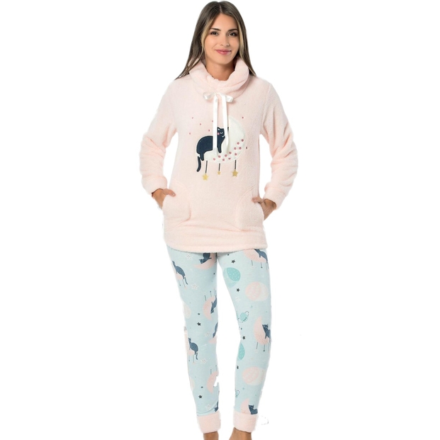 Kedi Desenli Tam Peluş Pijama Takımı - 1
