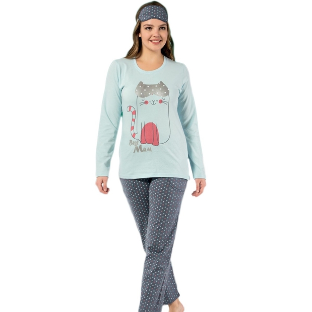 Kedi Desenli Uzun Kollu Bayan Pijama - 1