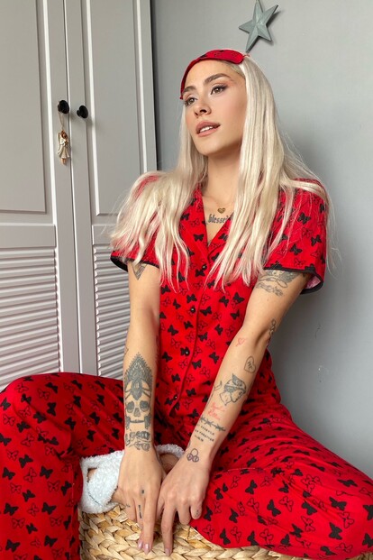 Kelebek Desenli Önden Düğmeli Kısa Kol Kadın Pijama Takımı - 1