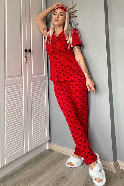 Kelebek Desenli Önden Düğmeli Kısa Kol Kadın Pijama Takımı - 2