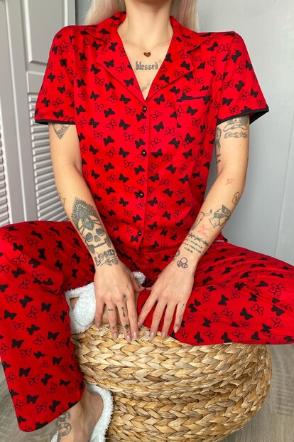 Kelebek Desenli Önden Düğmeli Kısa Kol Kadın Pijama Takımı - 3