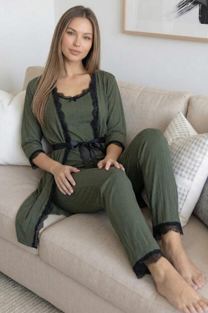Khaki Desenli Sabahlıklı Pegasus Pijama Takımı - 5