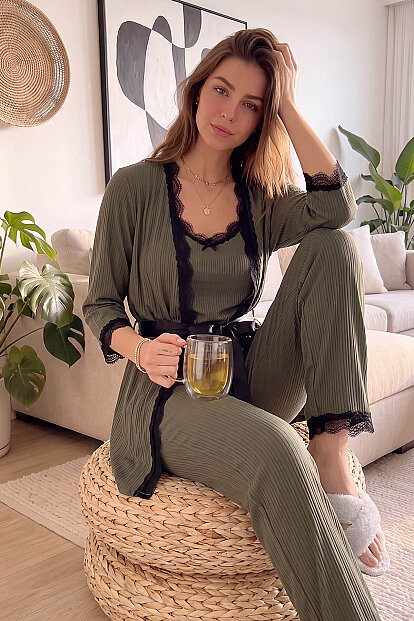 Khaki Desenli Sabahlıklı Pegasus Pijama Takımı - 2