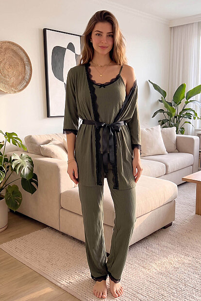 Khaki Desenli Sabahlıklı Pegasus Pijama Takımı - 6