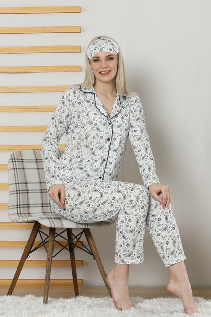 Kilim Desenli Viskon Önden Düğmeli Pijama Takımı - 1