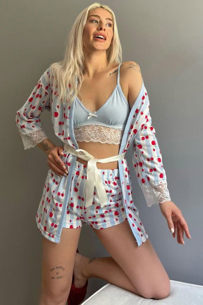 Kiraz Desenli Sabahlıklı Bralet Örme Pijama Takımı - 1
