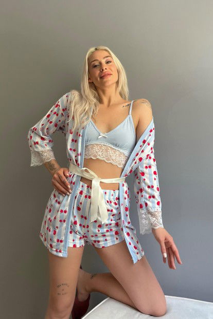 Kiraz Desenli Sabahlıklı Bralet Örme Pijama Takımı - 2