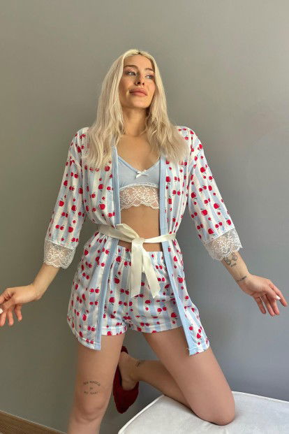 Kiraz Desenli Sabahlıklı Bralet Örme Pijama Takımı - 3