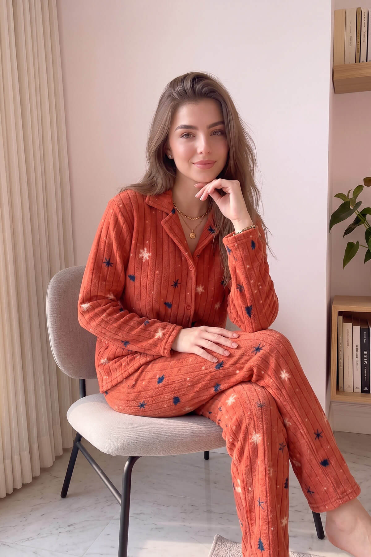 Kiremit Çam Desenli Önden Düğmeli Peluş Polar Pijama Takımı - Pijamaevi (2)