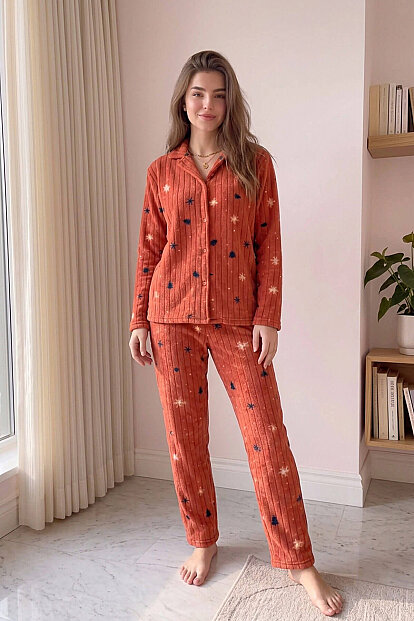 Kiremit Çam Desenli Önden Düğmeli Peluş Polar Pijama Takımı - 6