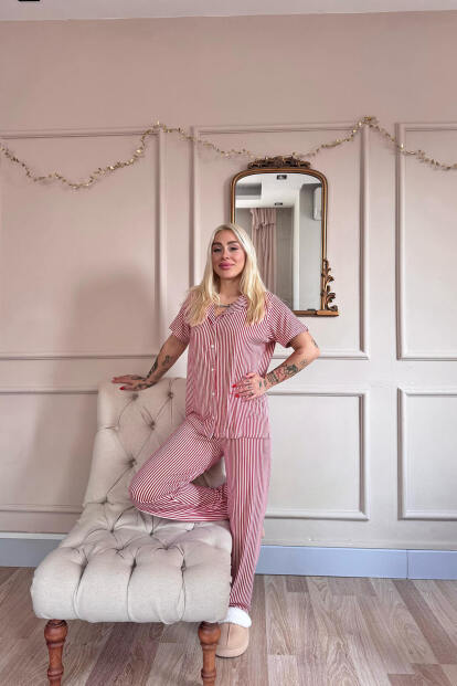 Kırmız Beyaz Silhouette Desenli Bambu Önden Düğmeli Kısa Kol Pijama Takımı - 6