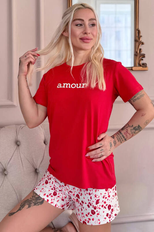 Kırmızı Amour Desenli Kısa Kollu Şortlu Örme Kadın Pijama Takımı - Pijamaevi