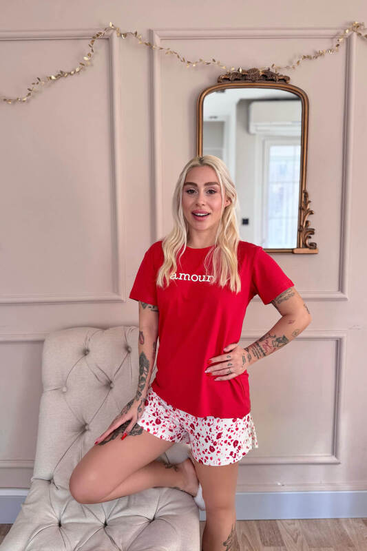Kırmızı Amour Desenli Kısa Kollu Şortlu Örme Kadın Pijama Takımı - Pijamaevi (1)