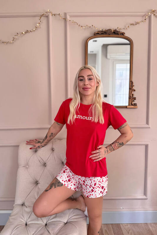 Kırmızı Amour Desenli Kısa Kollu Şortlu Örme Kadın Pijama Takımı - Pijamaevi (2)