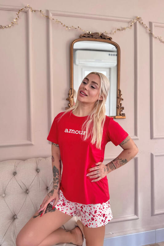 Kırmızı Amour Desenli Kısa Kollu Şortlu Örme Kadın Pijama Takımı - Pijamaevi (3)